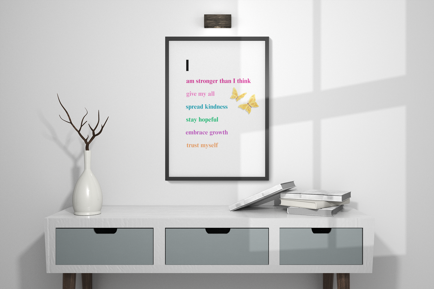 I Am Affirmation Wall Art – 8x10 Framed Canvas with Positive Quotes & Butterfly Design for Mental Wellness