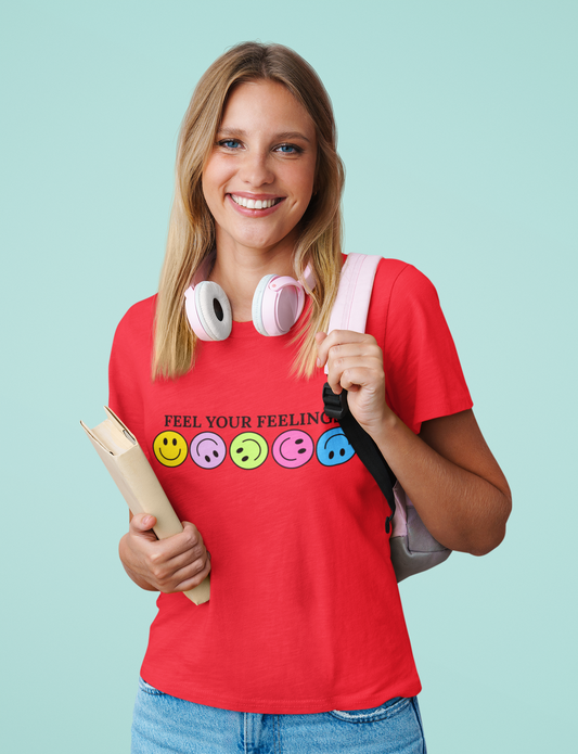Feel Your Feelings Smiley Face T-Shirt – Colorful Emotional Expression Tee