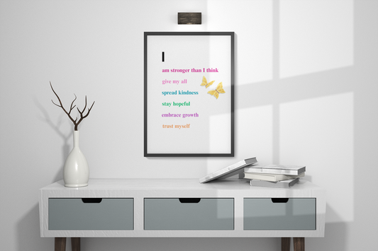 I Am Affirmation Wall Art – 8x10 Framed Canvas with Positive Quotes & Butterfly Design for Mental Wellness