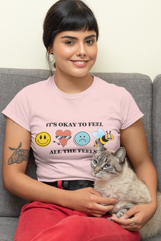 "It's Okay to Feel All the Feels" Mental Health Awareness T-Shirt – Cute Emotional Emoji Graphic Tee